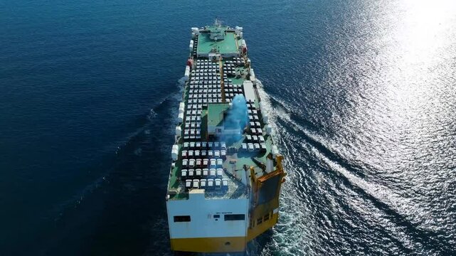 Aerial drone tracking top down photo of roll on roll off or ro ro cargo ship bow with deck designed to carry wheeled cargo cruising outside popular Mediterranean port with deep blue sea 
