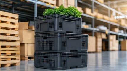 Recently picked, vibrant greens are neatly arranged in black crates within a meticulously organized warehouse setting