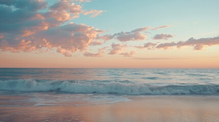 Fototapeta premium Serene Coastal Sunset: Pastel Clouds and Gentle Waves