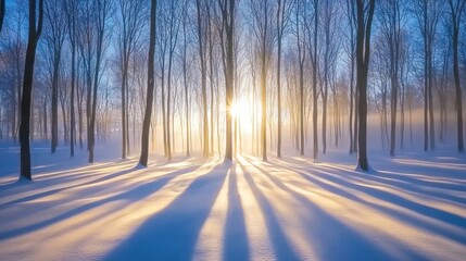 Naklejka premium Sunlit Winter Forest Scene With Shadows On Snow