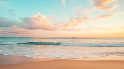 Fototapeta premium Serene Coastal Sunset: Pastel Sky, Gentle Waves, Sandy Beach