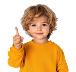 Young child with curly hair showing finger in the air wearing a bright yellow shirt against a transparent background