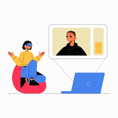 Virtual Meeting With Participants And Relaxed Viewer In Flat Vector Illustration Symbolizing Online Communication, Remote Work, And Digital Networking, Isolated On White Background