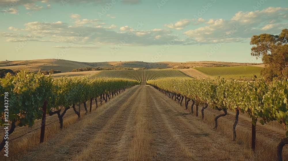 Poster vineyard rows stretch towards distant hills under a cloudy sky