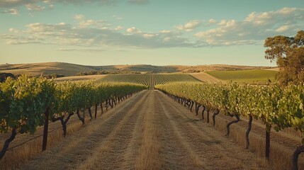 Naklejka premium Vineyard Rows Stretch Towards Distant Hills Under a Cloudy Sky