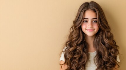 Naklejka premium Young girl with long curly hair poses against a simple beige background while wearing a light shirt and smiling softly