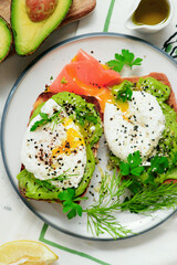 Whole grain toast with avocado and poached egg. for breakfast  .Healthy appetizer.