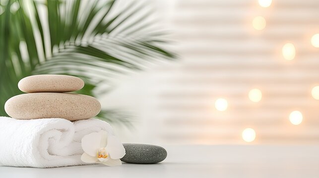 Relaxing spa corner with smooth stones, delicate orchid, and soft towels creating a serene atmosphere