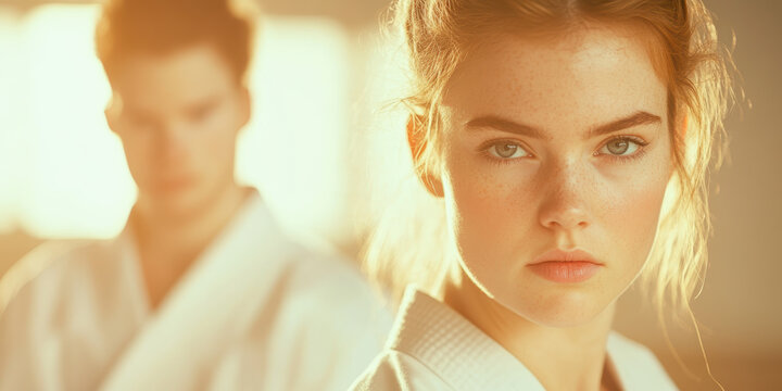 Intense focus of a young Caucasian woman in martial arts practice with defocused partner in sunlight