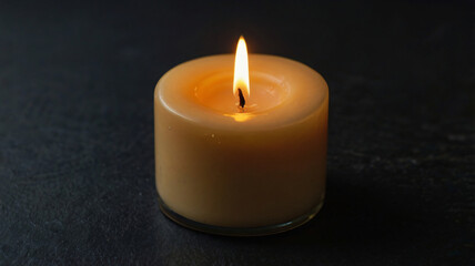 Burning Candle, Burning Candle in the Dark with Glowing Light and Wax, Close up of Candle Burning on Table with Black Background