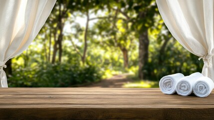 Relaxing spa setup near a serene forest path with neatly rolled towels and soft curtains swaying gently in the breeze
