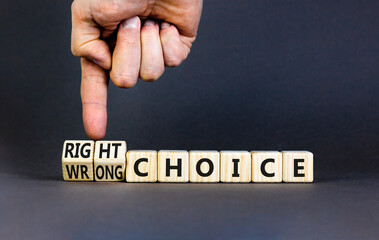 Right or wrong choice symbol. Concept words Right choice or Wrong choice on beautiful wooden blocks. Beautiful grey table grey background. Business right or wrong choice concept. Copy space.