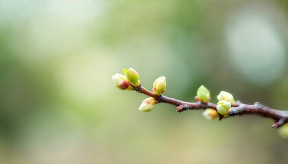Budding tree branch, green leaf buds, spring renewal, soft focus, bokeh, delicate details, pale green and brown tones, high-res, tranquil atmosphere, macro photo 