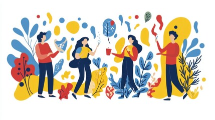 Fototapeta premium Colorful illustration of people enjoying nature with plants and abstract shapes in the background