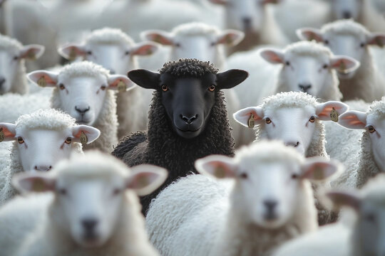 One black sheep stands in the middle of a flock of white sheep. Freedom of choice. The idea of ​​opposites.