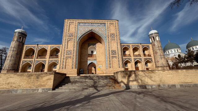 Tashkent, Uzbekistan - 27 January, 2025: Facade of historical place madrasa Kukeldash. Central Asian landmarks concept.