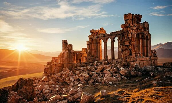 View at ruins of ancient city with temple at golden hours of sunset,  nabatienh culture 