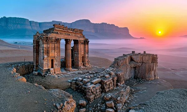 View at ruins of ancient city with temple at golden hours of sunset,  nabatienh culture 