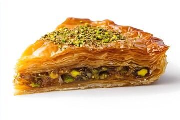 A large slice of delicious baklava isolated on a white background