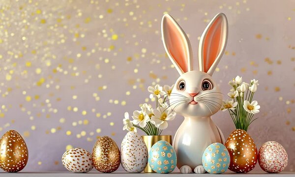 Cute Easter bunny, Easter eggs and spring flowers background 