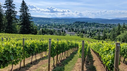 Fototapeta premium Vineyard Rows Stretch Towards A Distant Town And Mountains