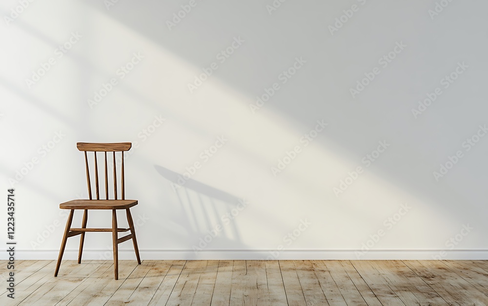 Wall mural A photorealistic depiction of a Scandinavian home office, featuring an empty wall, dining table, and chair near the kitchen