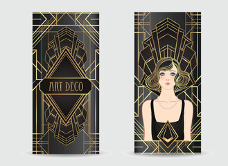 Art Deco vintage invitation template design with illustration of flapper girl over patterns and frames. Retro party background set in1920s style. Vector for glamour event, thematic wedding or jazz