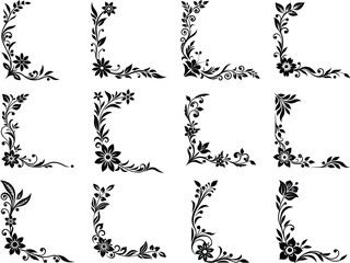 Hand Drawn Floral Corner Frame Set in Retro Curl Style For Classic Wedding Vector Illustration Isolated on White Background.