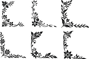 Hand Drawn Floral Corner Frame Set in Retro Curl Style For Classic Wedding Vector Illustration Isolated on White Background.