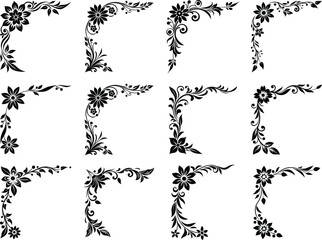 Hand Drawn Floral Corner Frame Set in Retro Curl Style For Classic Wedding Vector Illustration Isolated on White Background.