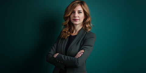 professional business woman in a green background with green office suit arm crossed power position, success of the business and show power of being business woman