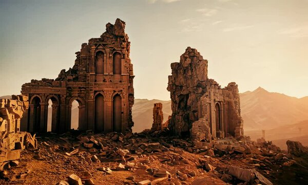 View at ruins of ancient city with temple at golden hours of sunset,  nabatienh culture 