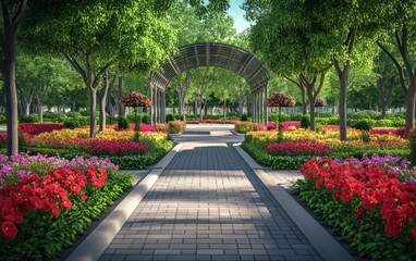 Obraz premium Vibrant park with archway flowers in red green gray