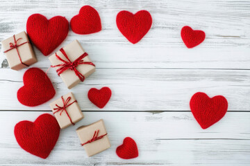 Fototapeta premium Valentine's Day. presents, heart felt and decor on wooden background