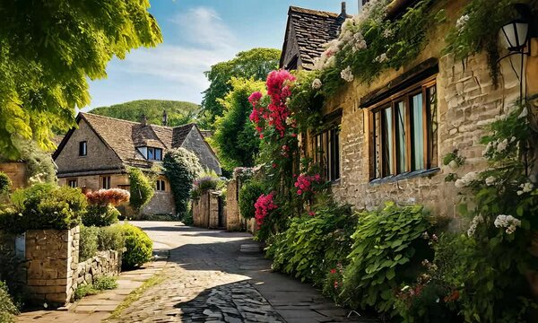 Camera follow the street with old English cottages, beautiful; picturesque village, travel destination  
