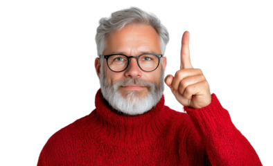 Older man wearing red sweater raises finger with a cheerful expression on transparent background