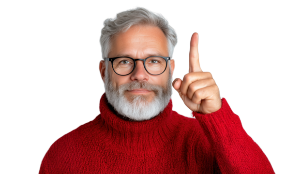 Older man wearing red sweater raises finger with a cheerful expression on transparent background