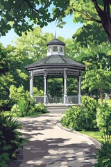 Ornamental park with gazebo trees greengraywhite color scheme