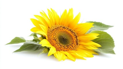 Obraz premium A tall and radiant sunflower with its bright yellow petals radiating from the center, isolated on a clean white background,
