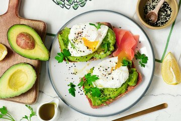 Whole grain toast with avocado and poached egg. for breakfast  .Healthy appetizer.