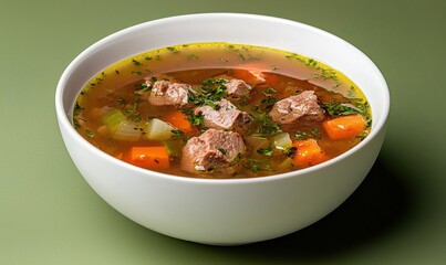 Discover the warmth of Supa me Mish Meat Soup with hearty chunks of meat and fresh vegetables in a cozy bowl