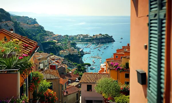 Beautiful Italian town on sea,  Amalfi coast look-like landscape, Mediterranean travel concept
