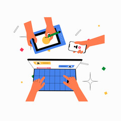 Digital Collaboration On Multiple Devices In Flat Vector Illustration Symbolizing Teamwork, Online Productivity, And Multi Tasking, Isolated On White Background