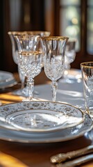 Elegant table setting with fine china and crystal glasses in warm ambient lighting wide angle