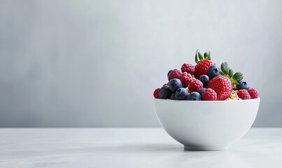 Delight in a white ceramic bowl brimming with vibrant, juicy berries amidst a minimalist backdrop