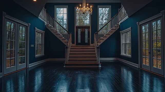 Grand foyer, double staircase, autumn view, luxury home, real estate