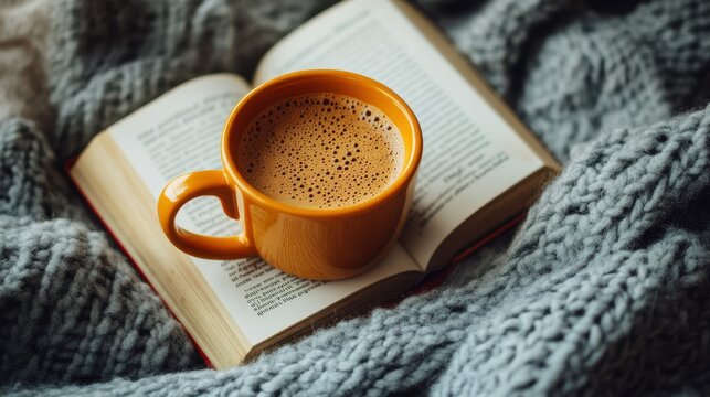 Cozy morning with coffee mug on open book and soft blanket