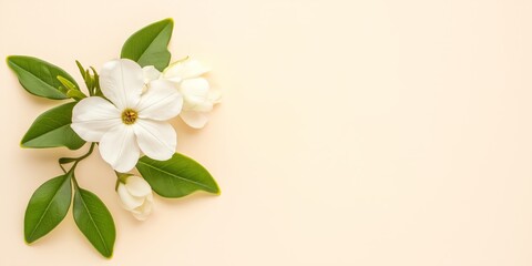 A single jasmine flower with lush green leaves, placed on the left side of a soft beige background, radiating elegance and simplicity