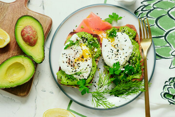 Whole grain toast with avocado and poached egg. for breakfast  .Healthy appetizer.