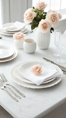 Elegant dining setup with white tableware and soft pink roses at a bright, sunny location for a special occasion celebration